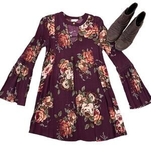 Altar'd State Burgundy W/Floral Print Bell Sleeve Boho Tunic/Dress - SIZE SMALL